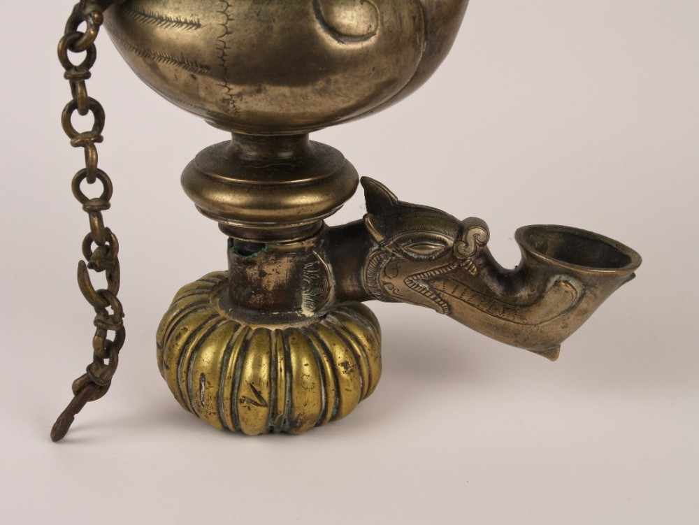 A Rare 17th / 18th C. Sri Lankan Mixed Brass Temple Lamp Suspended