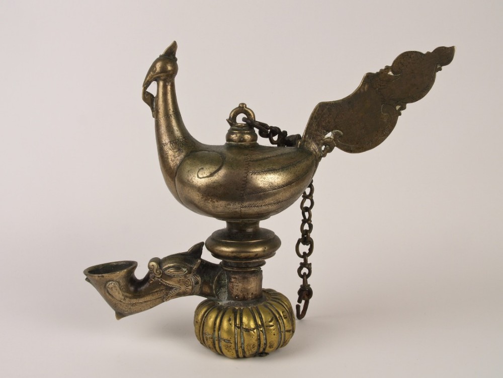 A Rare 17th / 18th C. Sri Lankan Mixed Brass Temple Lamp Suspended