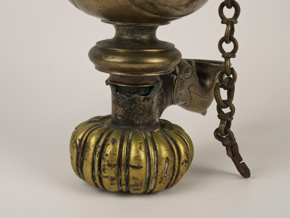A Rare 17th / 18th C. Sri Lankan Mixed Brass Temple Lamp Suspended