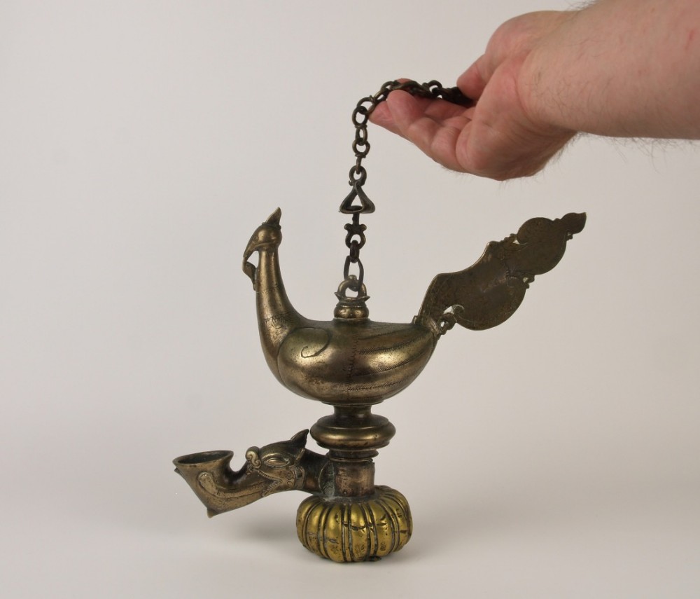 A Rare 17th / 18th C. Sri Lankan Mixed Brass Temple Lamp Suspended