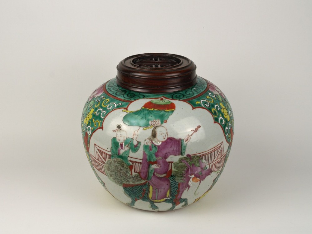 a large 19th c chinese polychrome enamelled porcelain jar carved wood cover