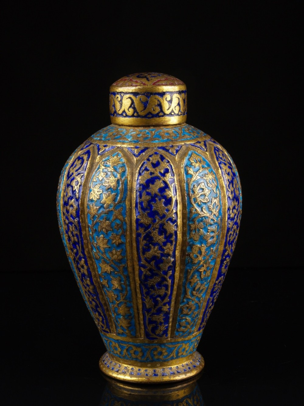 a 19th c kashmiri polychrome enamelled covered gilt copper jar