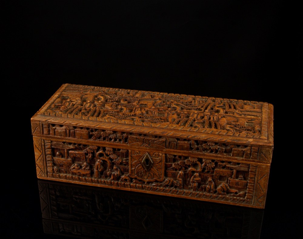 a 19th century chinese canton carved sandalwood box fine figurative decoration