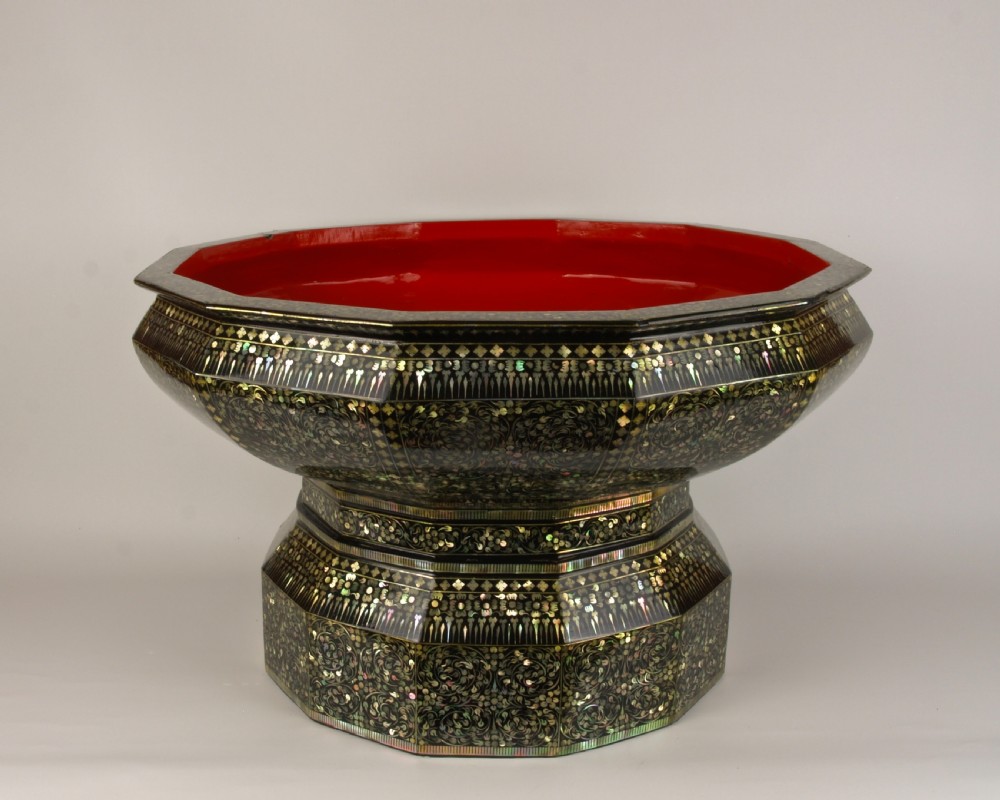 a rare exceptionally large late 19th century thai 'talum' thalum inlaid temple offerings pedestal bowl