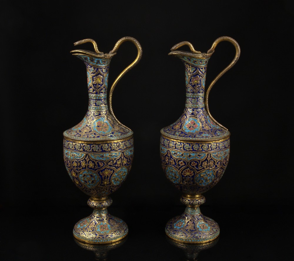 a pair of fine enamelled gilt copper ewers kashmir circa 1850