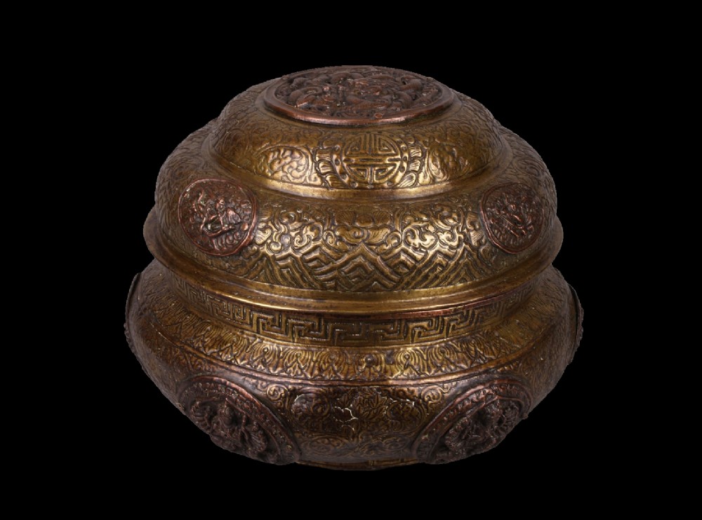 a large 19th c tibetan copper mounted brass offerings box