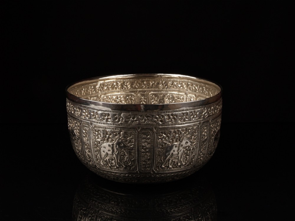 an inscribed burmese silver bowl elephant embellishments c 1900