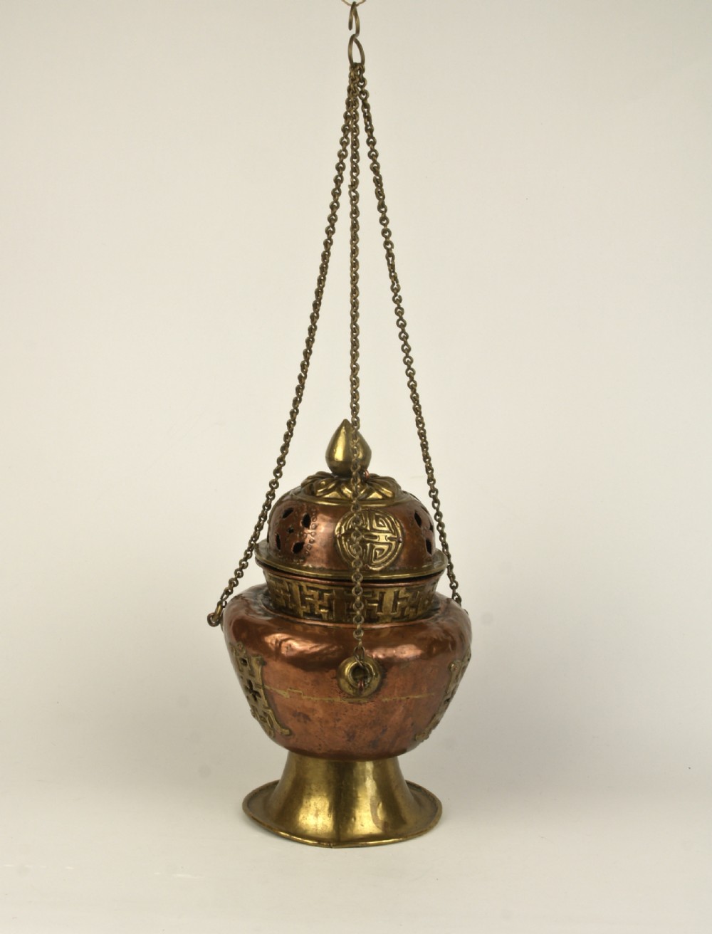 a 19th century chain suspended buddhist tibetan copper brass incense burner