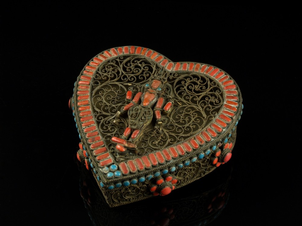 a large himalayan copper alloy prayer box set with coral turquoise lord vishnu nepal early 20th century