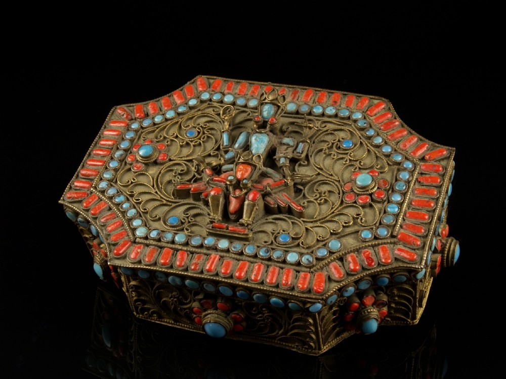 a himalayan copper alloy prayer box set with coral turquoise lord vishnu garuda nepal early 20th century