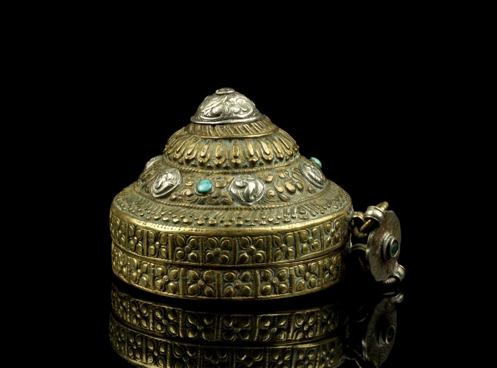 a stone set brass copper silver betel lime box timmi bhutan early 20th century