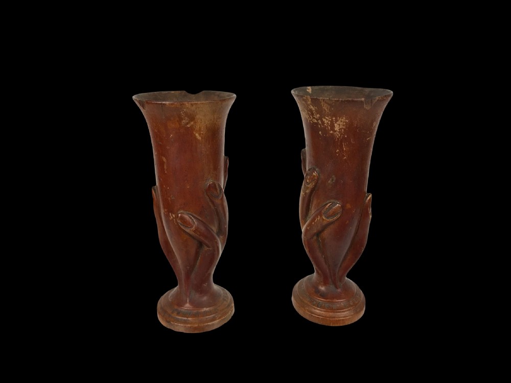 a pair of inscribed mirowood spill vases pitcairn island circa 1900