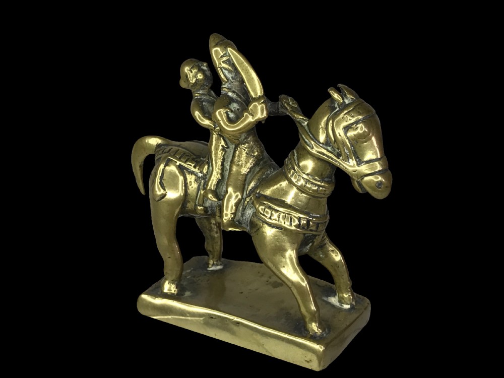 a hindu cast brass horse figure group depicting lord shiva parvati as khandoba mhalsa india late 18th century