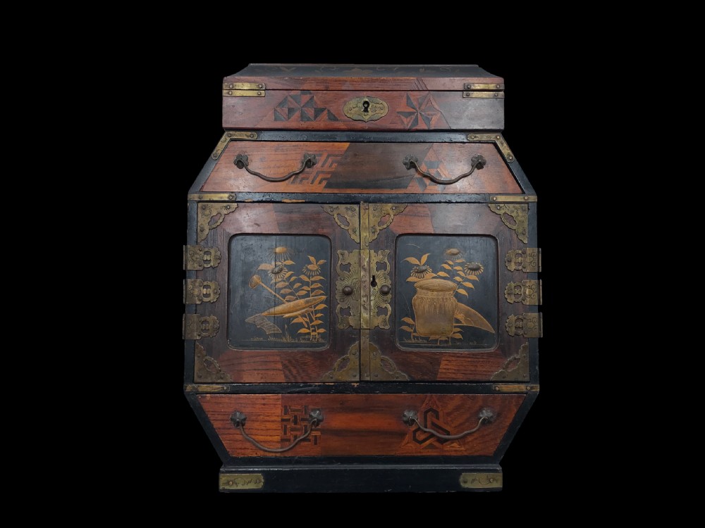 a japanese late meiji period parquetry lacquer miniature cabinet of drawers circa 1890