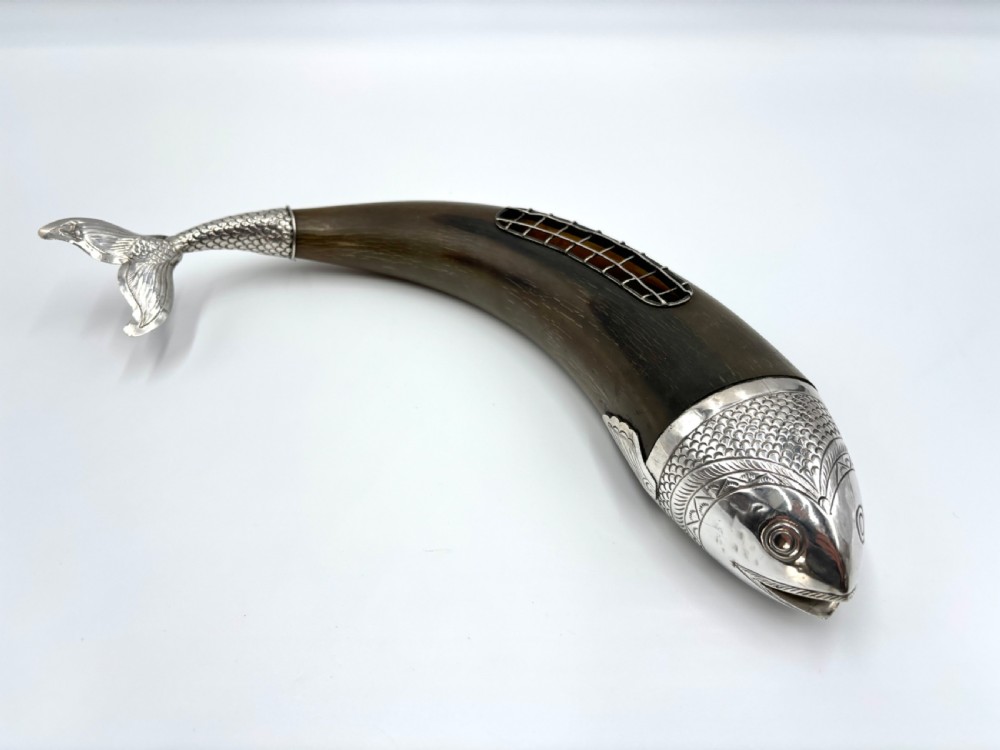 a carved horn 'fish' vase hallmarked silver mounted kelantan indonesia mid 20th century