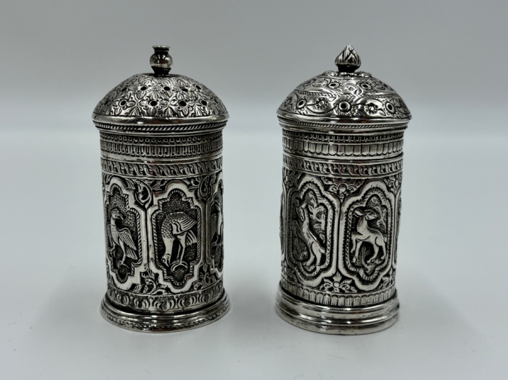 a pair of fine 19th century silver pounce pots complex decoration shan states burma